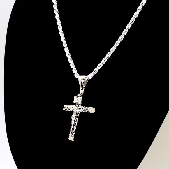 REAL Sterling Silver Thick Heavy Crucifix Cross Rope Chain Necklace, Stamped 925 - Picture 4 of 7